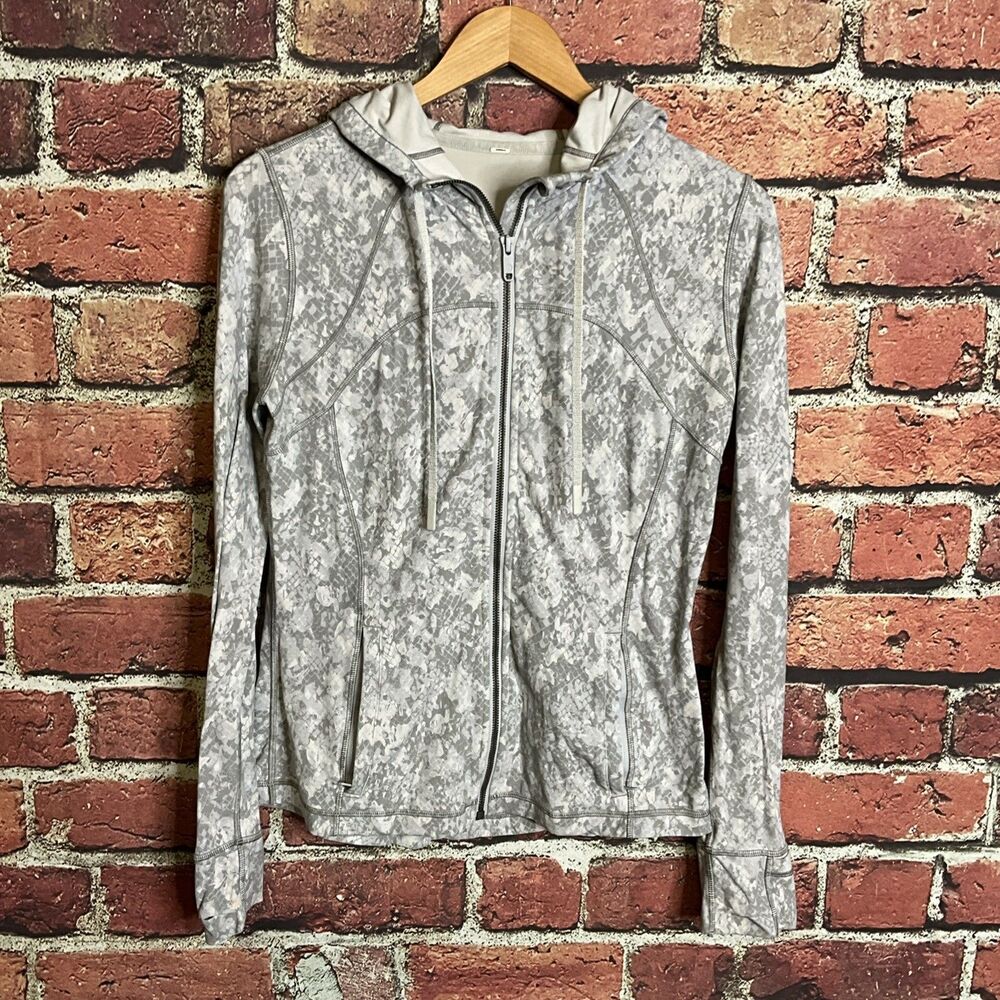 Lululemon Define Jacket Womens 10 Gray Camo Full Zip Hooded Thumbholes Pockets